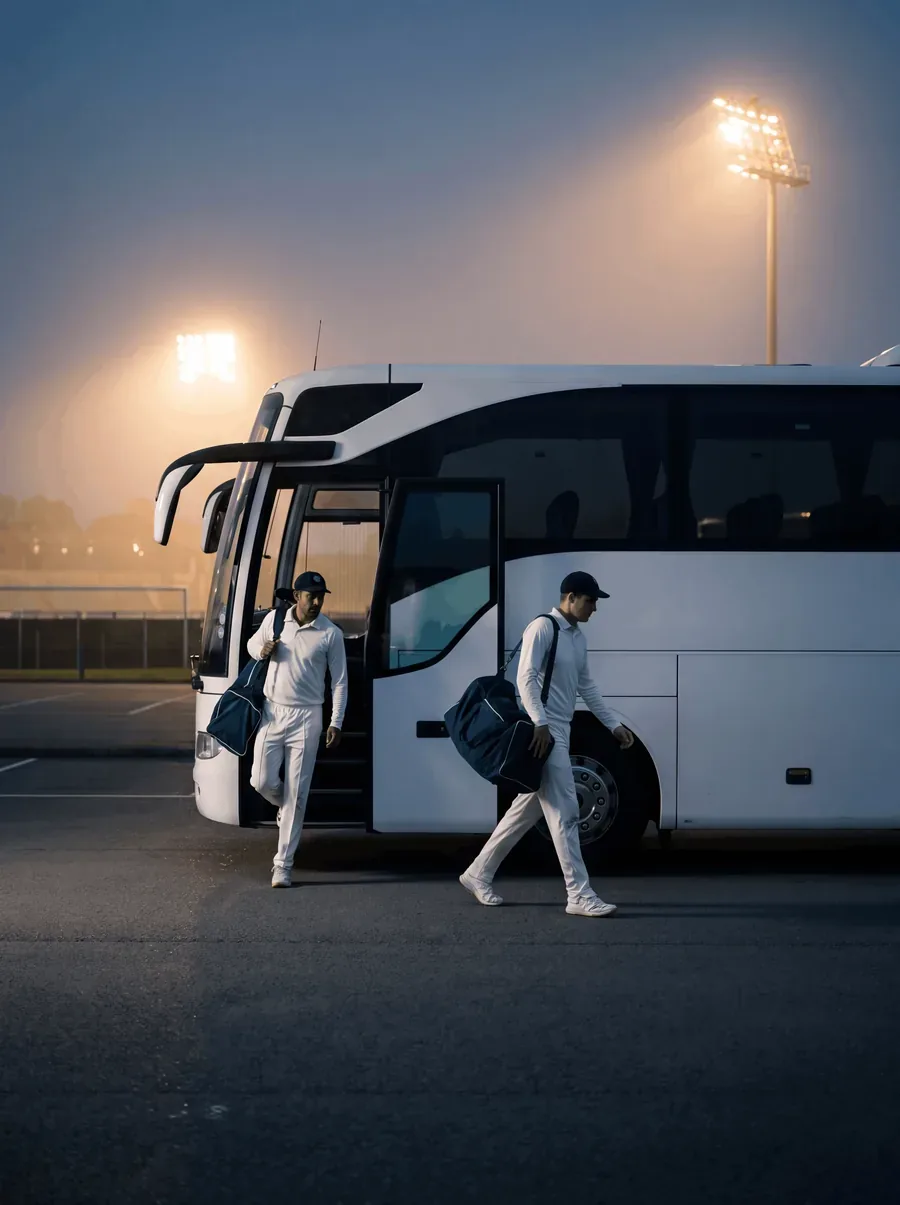 Cricket squad stepping off a team coach at the stadium