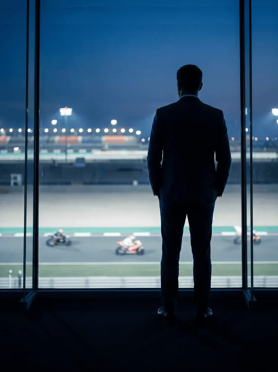 Guest watching motorcycles on the race circuit from a hospitality suite